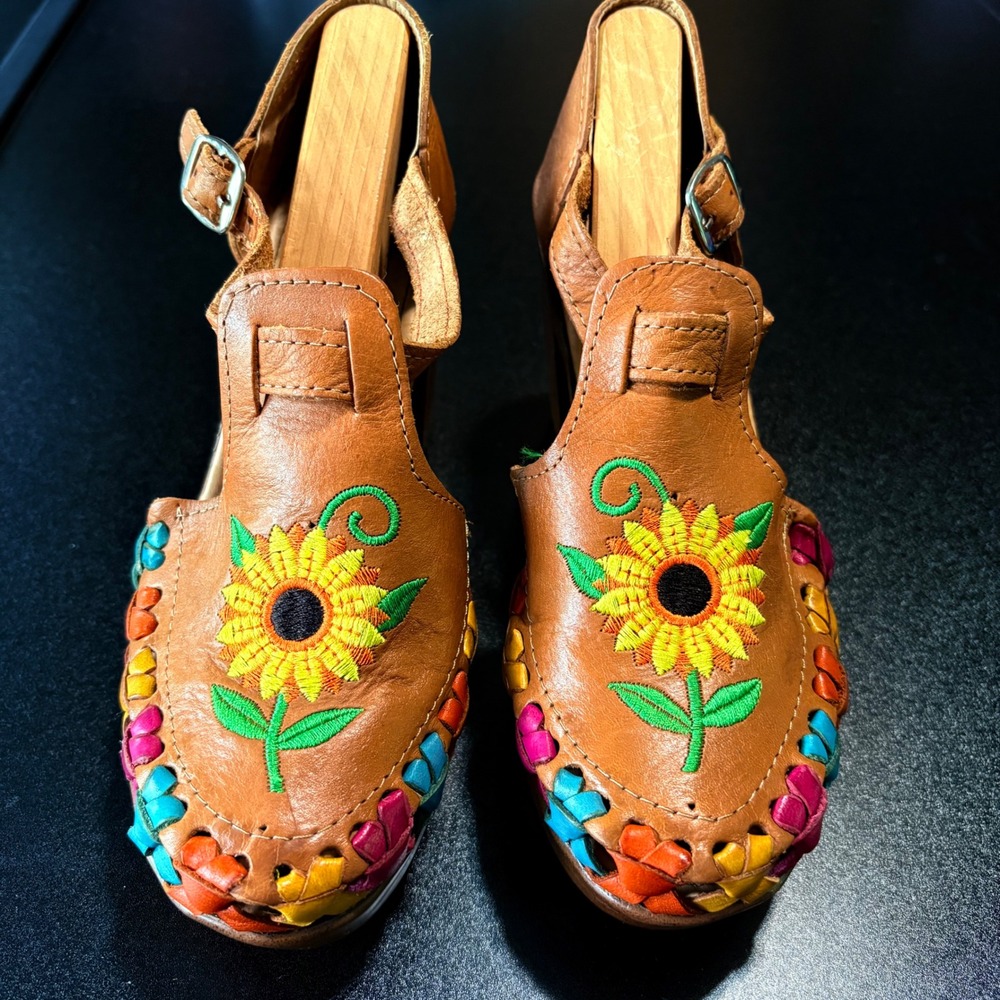 handmade Mexican huarache platform heels Embroidered Bonita clogs leather size 7